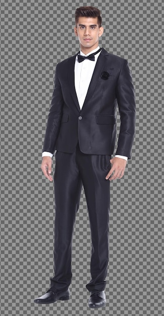 Full Length body 20s Caucasian Business Man black hair wear formal suit and stand walk, isolated. Tanned skin muscular male standing wear wedding bride groom dress, white background