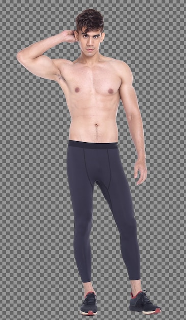 Full Length body 20s Caucasian Man black hair wear sport pants topless and stand, isolated. Tanned skin muscular male standing show no shirt with muscle athlete fitness, white background