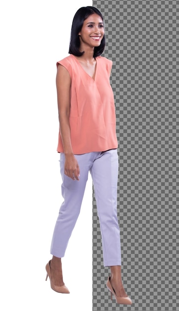 Full Length body Snap Figure, 20s Asian office Woman smart in Pink shirt white pants, isolated. Tanned skin girl has short straight black hair stand walk toward smile over white background studio