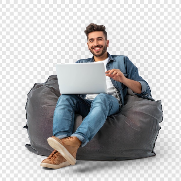 PSD full length happy young man sit in bag chair unboxing new laptop on transparency background psd