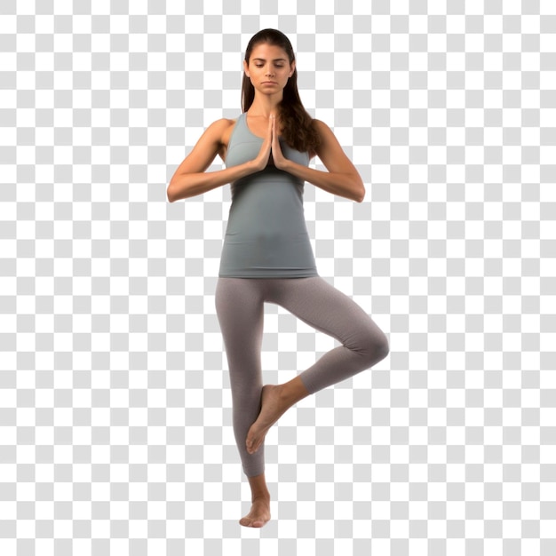 Full length portrait of a fit American woman standing in a yoga position sports adult concentration