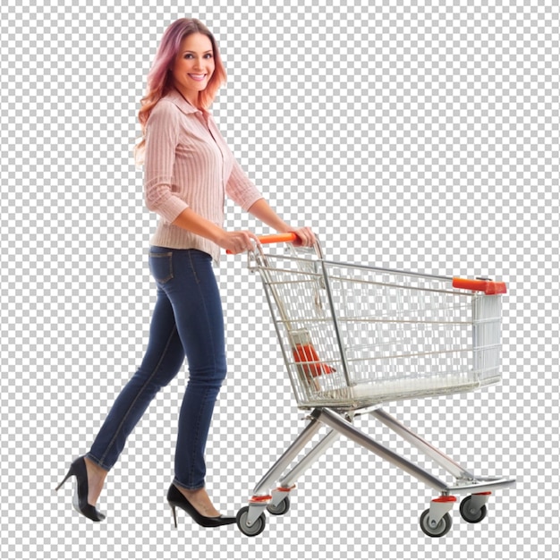 PSD full length portrait of a woman pushing a shopping on transparent background