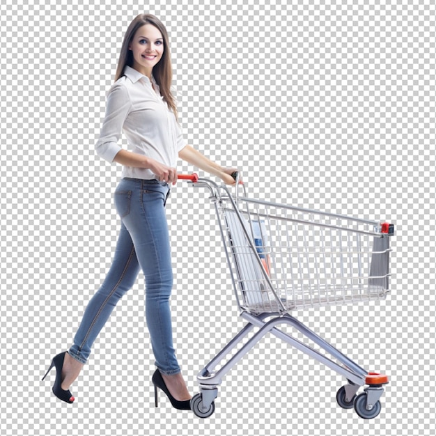 PSD full length portrait of a woman pushing a shopping on transparent background