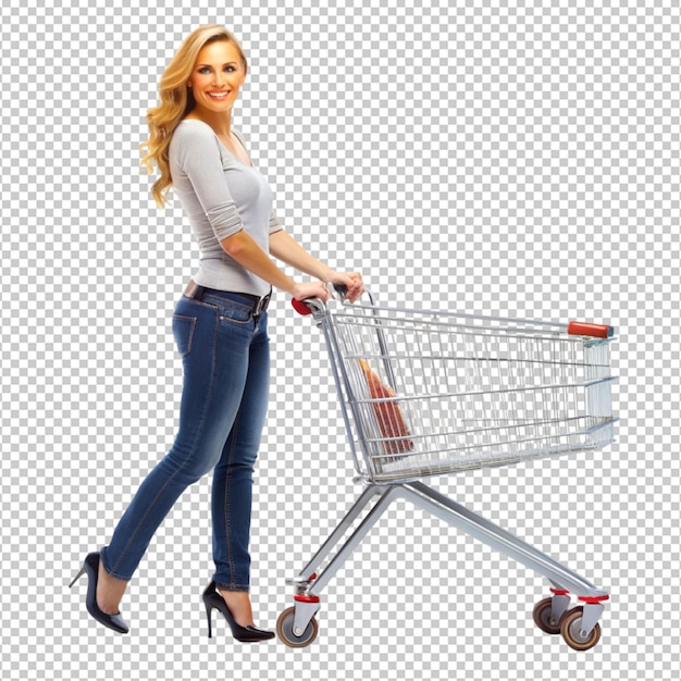 PSD full length portrait of a woman pushing a shopping on transparent background