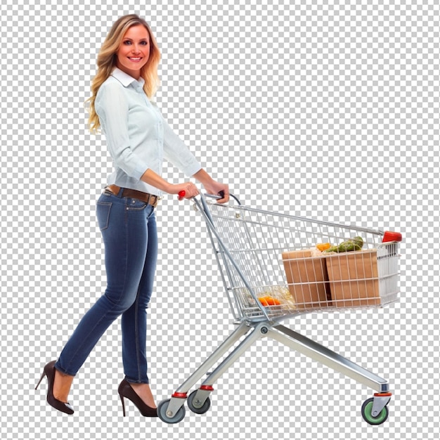 PSD full length portrait of a woman pushing a shopping on transparent background