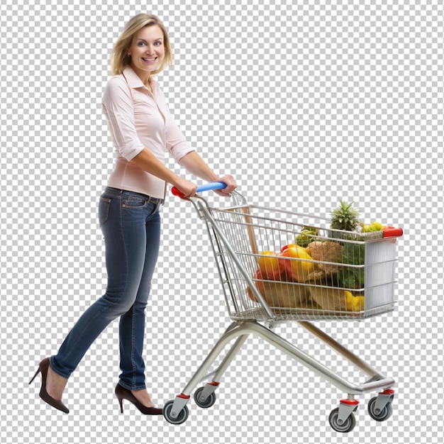 PSD full length portrait of a woman pushing a shopping on transparent background