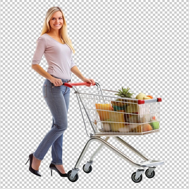 PSD full length portrait of a woman pushing a shopping on transparent background