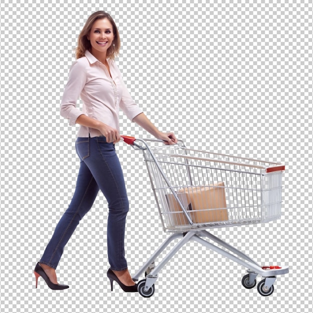 PSD full length portrait of a woman pushing a shopping on transparent background