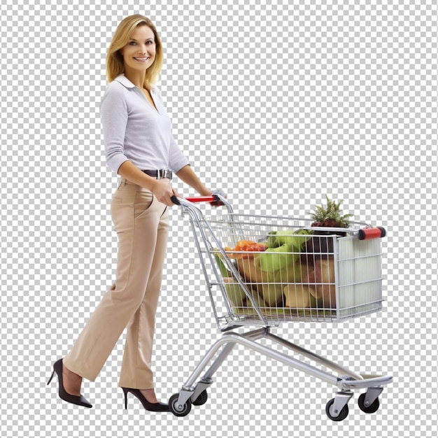 PSD full length portrait of a woman pushing a shopping on transparent background