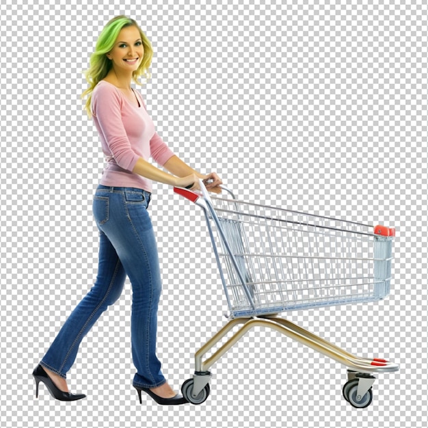 PSD full length portrait of a woman pushing a shopping on transparent background