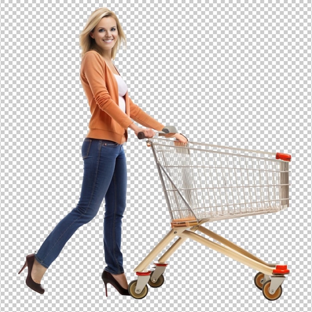 PSD full length portrait of a woman pushing a shopping on transparent background