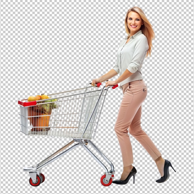 PSD full length portrait of a woman pushing a shopping on transparent background