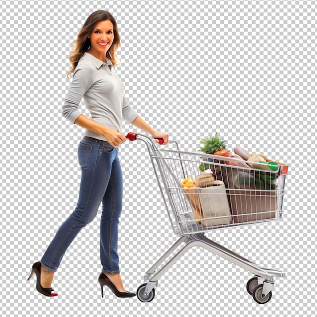 PSD full length portrait of a woman pushing a shopping on transparent background