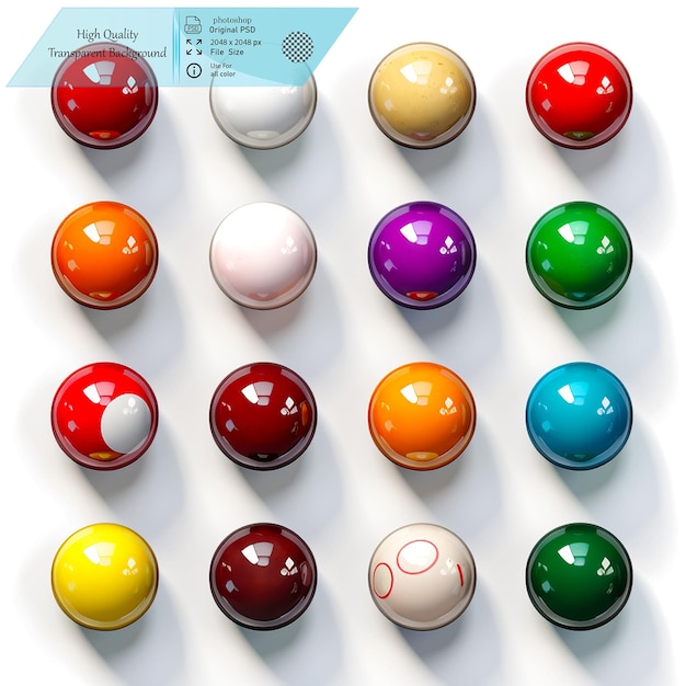 A Full Set of Colorful Billiard Balls Ideal for Pool GamesOn transparent background