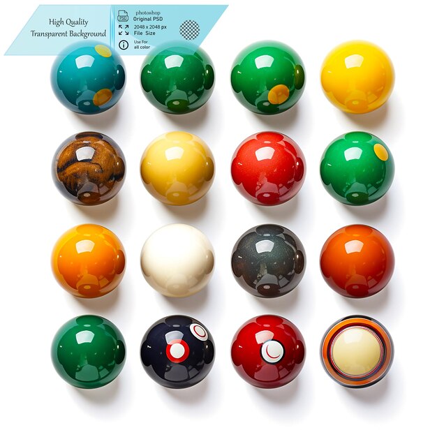 PSD a full set of colorful billiard balls ideal for pool gameson transparent background