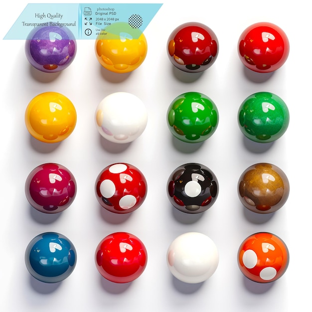 A Full Set of Colorful Billiard Balls Ideal for Pool GamesOn transparent background