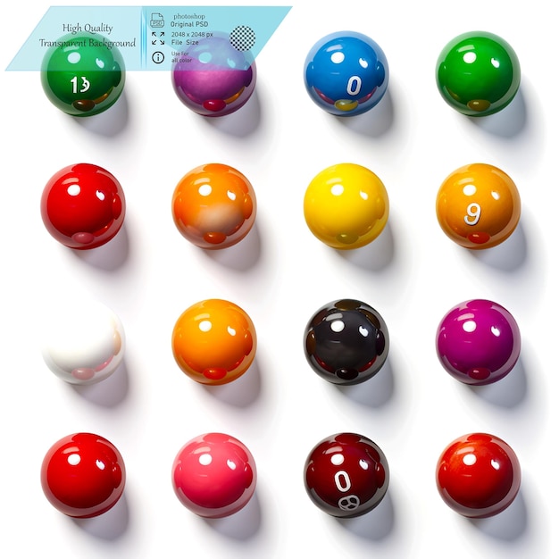 PSD a full set of colorful billiard balls ideal for pool gameson transparent background