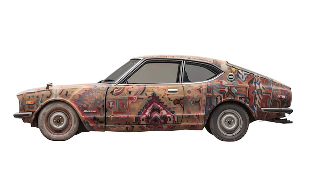 A full sideview of a sculpture of a car covered in a rug solid background modern surrealism