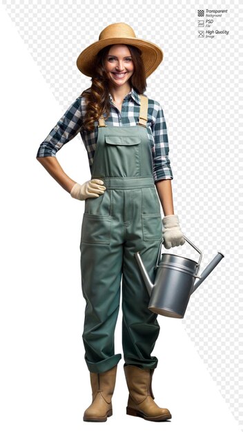 PSD fullbody photo of a female gardener holding a watering can in overalls and hat