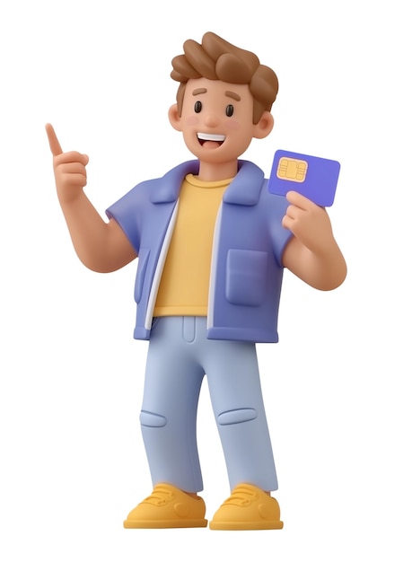 PSD fulllength cartoon character boy holding credit card isolated bank service and online shopping