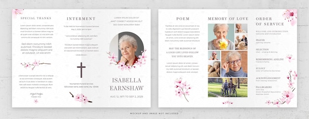 PSD funeral bi fold card template in psd cherry blossom theme