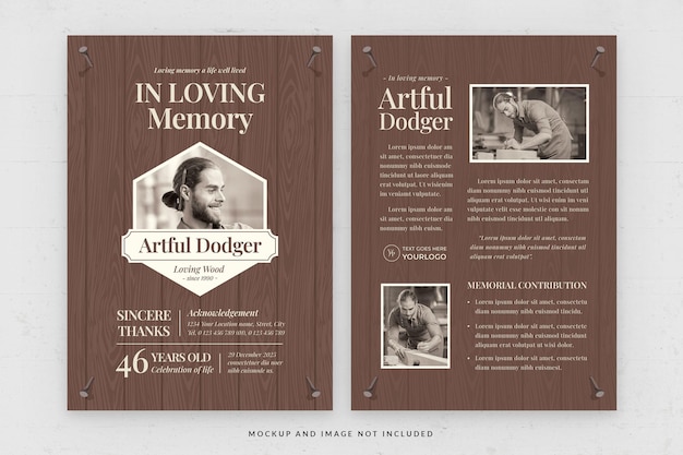 Funeral Program Memorial Card Template in PSD Woodworking Theme