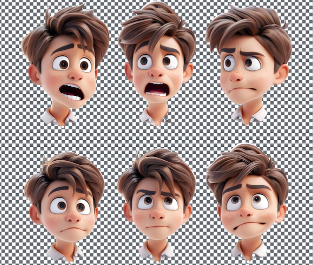 PSD funny cartoon character facial expressions isolated on transparent background