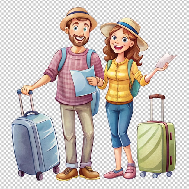 PSD funny drawing of a travelling couple on transparent background