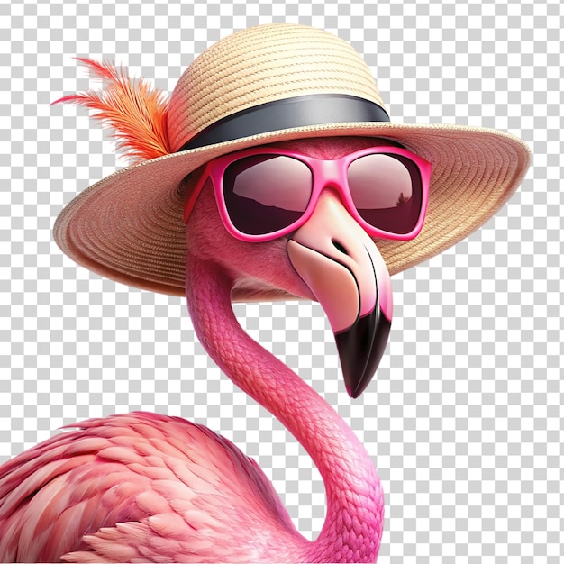 PSD funny flamingo in sun glasses and hat isolated on transparent background