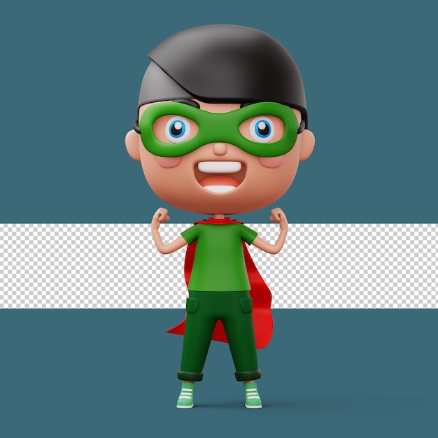 Funny little power superhero child in a hero clothes hero kid concept 3d rendering