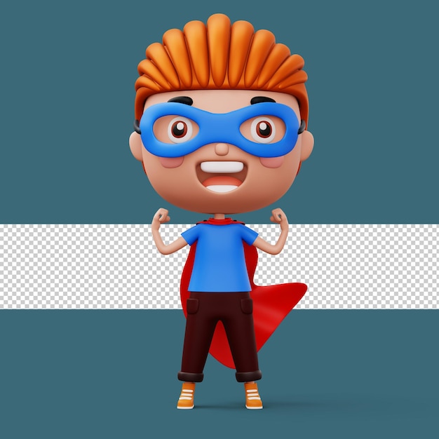 Funny little power superhero child in a hero clothes hero kid concept 3d rendering