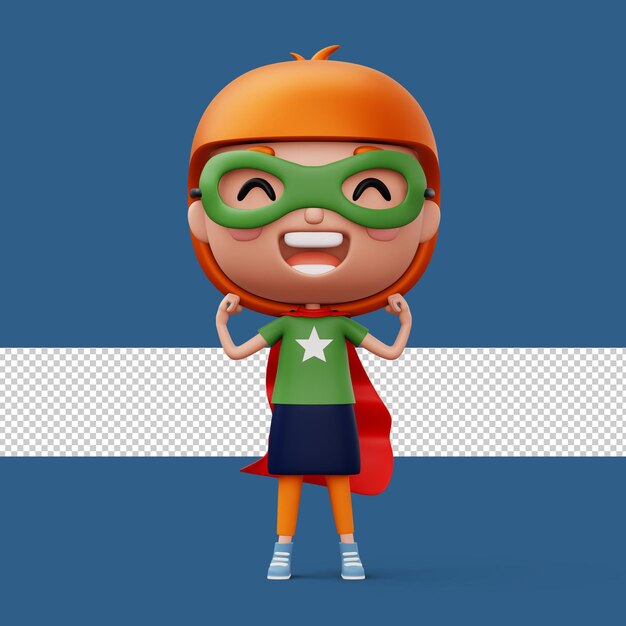 Funny little power superhero child in a hero clothes hero kid concept 3d rendering