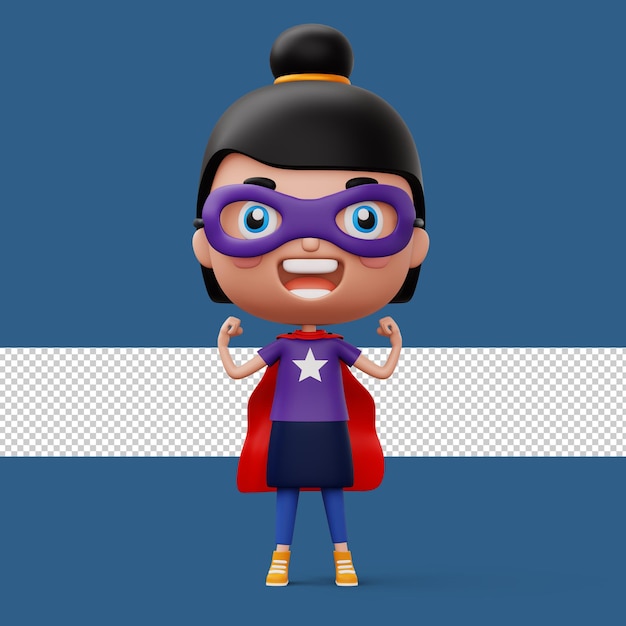 Funny little power superhero child in a hero clothes hero kid concept 3d rendering