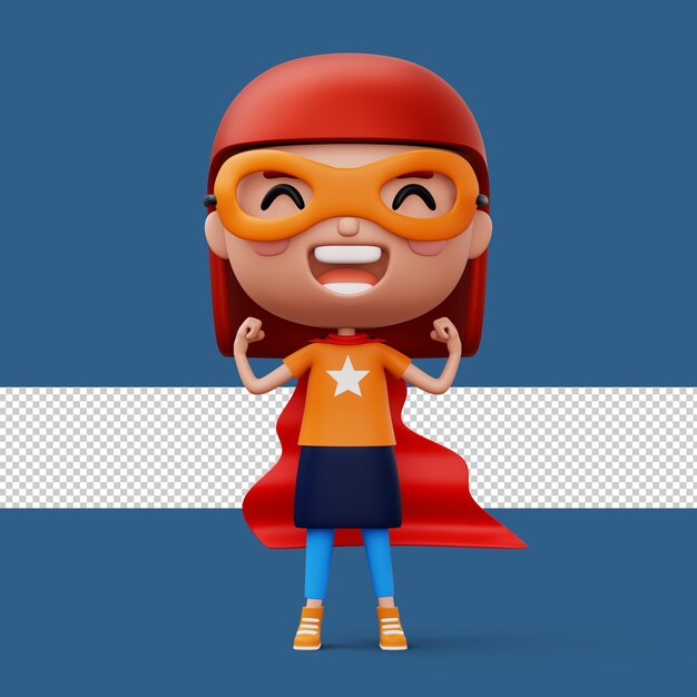 Funny little power superhero child in a hero clothes hero kid concept 3d rendering