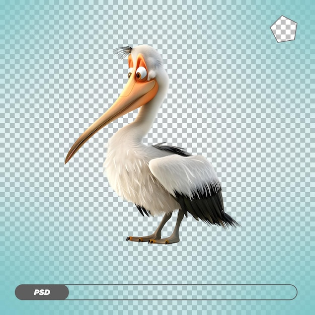 PSD funny pelican with big beak and large eyes isolated on transparent background