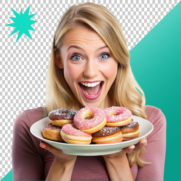 PSD funny young woman with tasty donuts on transparent background