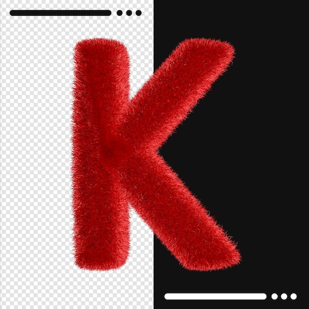 Fur design alphabet k in 3d rendering isolated