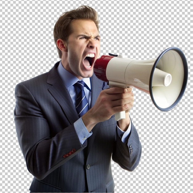 furious businessman using a bullhorn