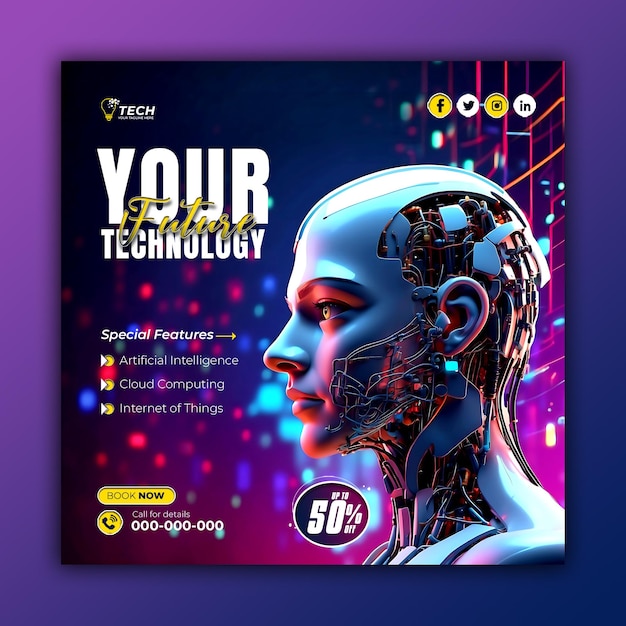 Future artificial intelligence social media post square banner templates ai generated