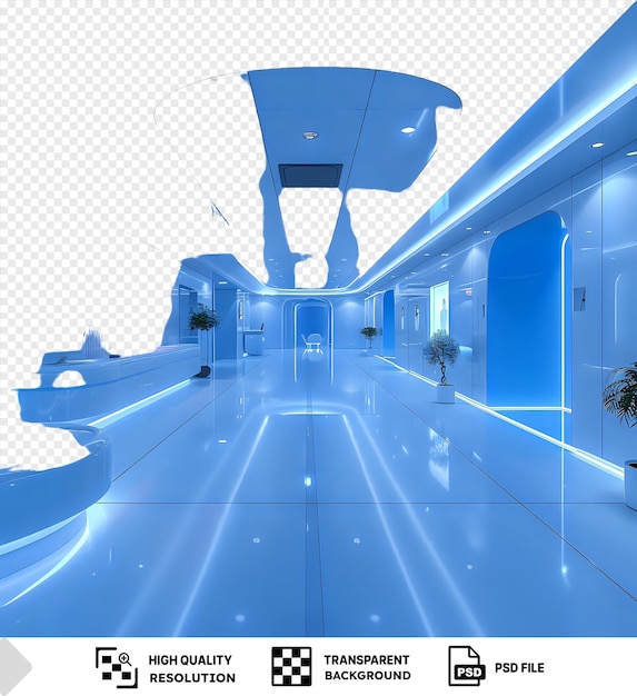 PSD futuristic blue corridor with glossy walls and curved ceiling featuring a reception desk and minimalist design isolated background