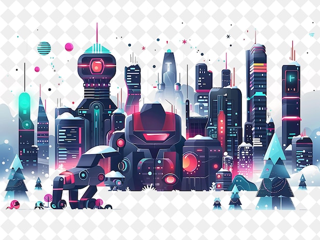 PSD futuristic christmas city with robots and spaceships celebra illustration christmas art design