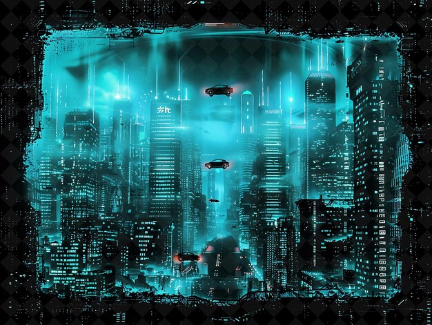 Futuristic Cityscape Arcane Frame With Sleek Skyscrapers and Neon Color Frame Y2K Art Collection