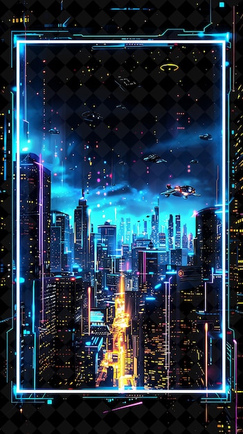 Futuristic Cityscape Arcane Frame With Towering Skyscrapers Neon Color Frame Y2K Art Collection