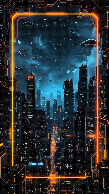 PSD futuristic cityscape arcane frame with towering skyscrapers neon color frame y2k art collection