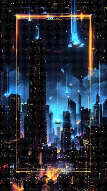 Futuristic Cityscape Arcane Frame With Towering Skyscrapers Neon Color Frame Y2K Art Collection