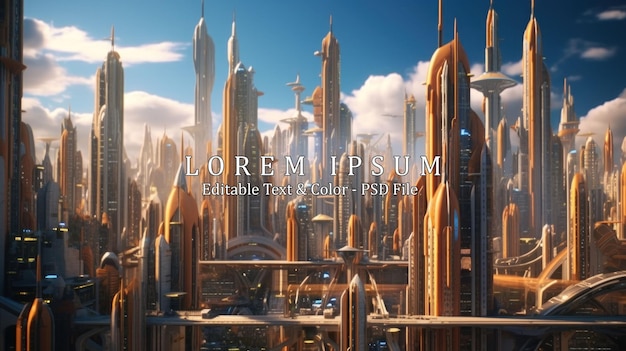 Futuristic cityscape with towering skyscrapers in the background