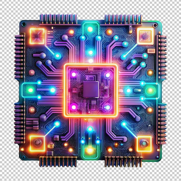 PSD a futuristic computer circuit board with neon light isolated on transparent background