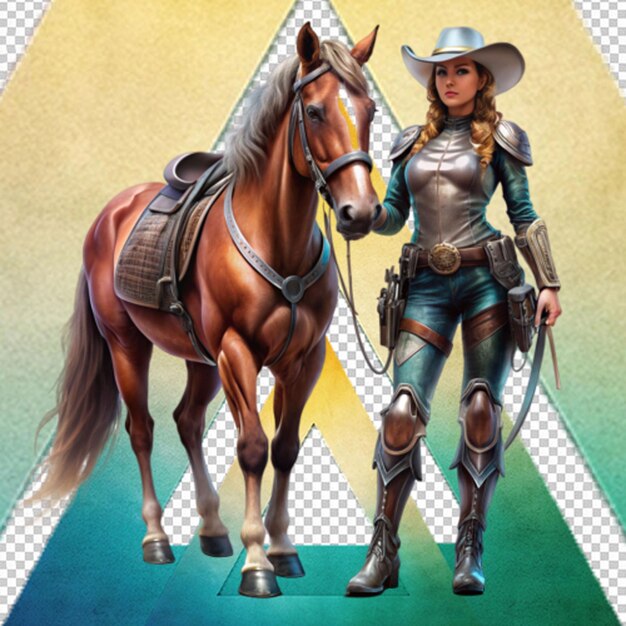 PSD futuristic cowgirl warrior with horse isolated on transparent background