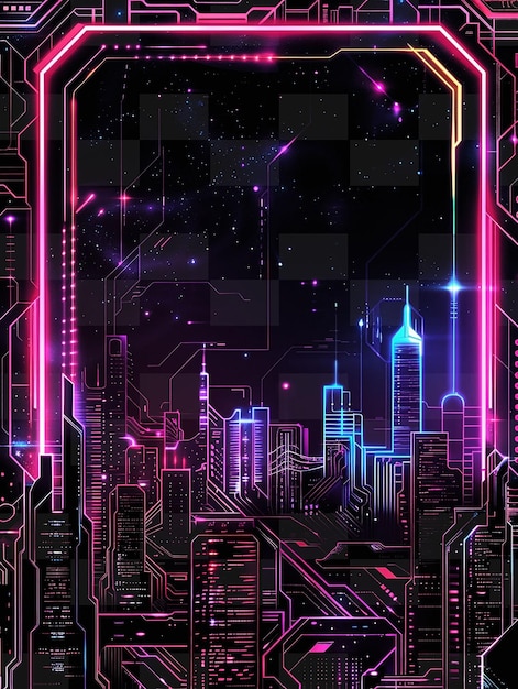 Futuristic Cyberpunk Frame Art With Neon Lights and Futurist Y2K Shape Creative Signboard Decor