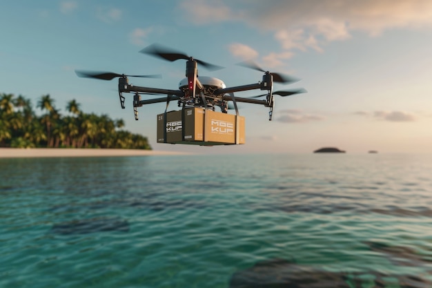 Futuristic delivery robot with parcel mockup